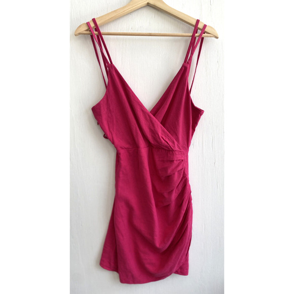 ZARA Pink Linen Faux Wrap Mini Dress Double Straps Tie Back Size XS NWT - Picture 5 of 8